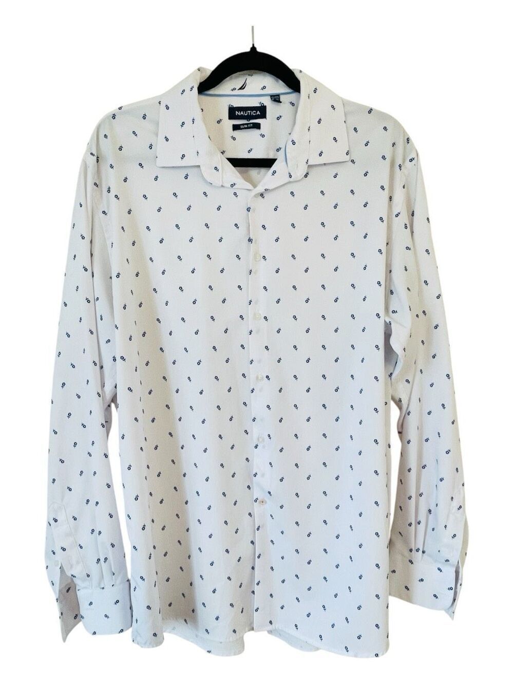 Nautica Slim Fit Button Down Dress Shirt Blue and White Floral Size XL